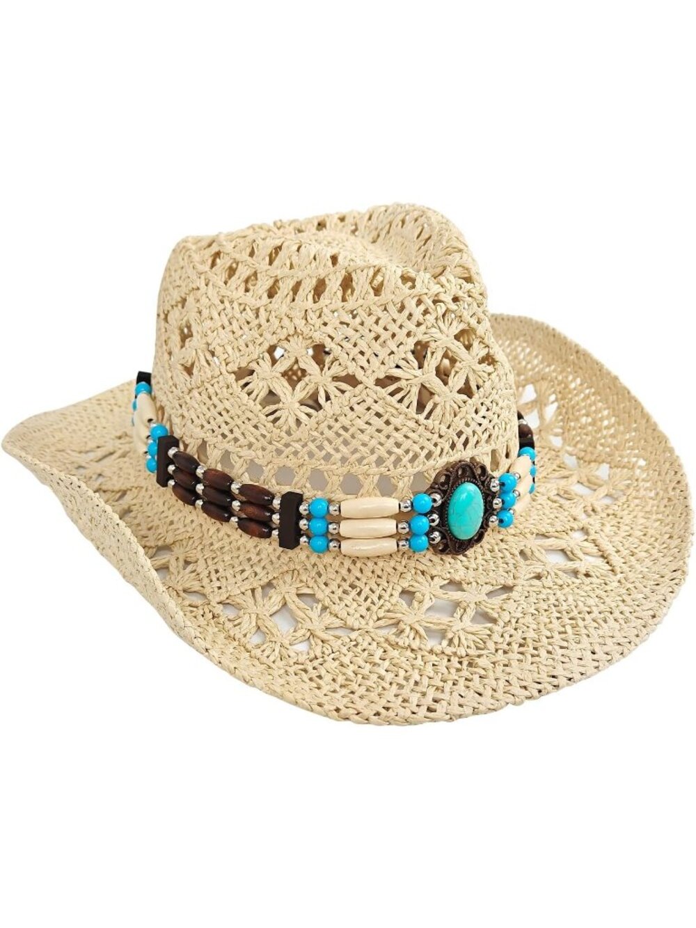Women's Blue Tan Straw Wide Brim Cowboy Cowgirl Western Shapeable Sun Hat